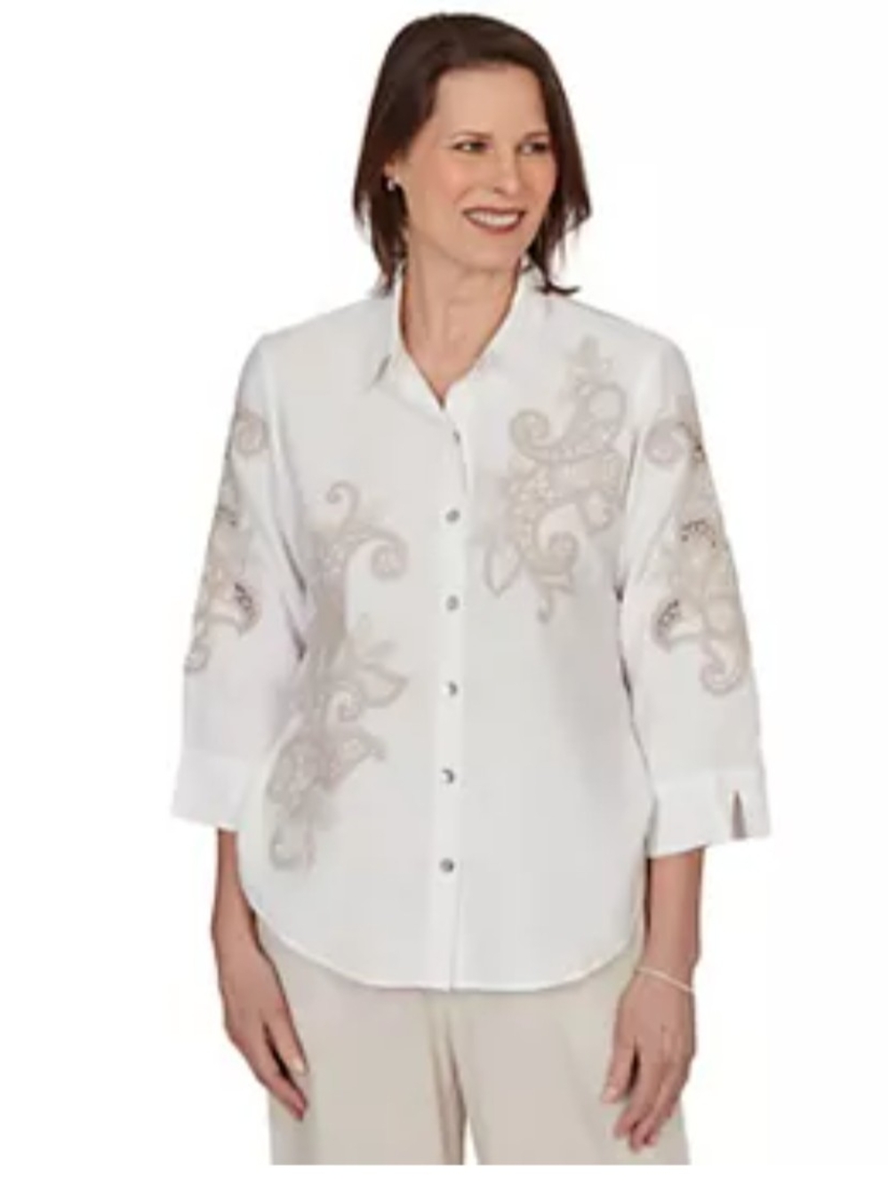 Alfred Dunner White Button-Front Shirt with Taupe Embroidery Petite XL NWT